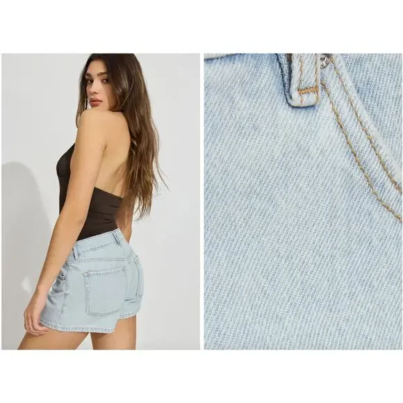 Garage Ariana Blue Denim Relaxed A-Line Shorts 7 High Rise Distressed 4” Inseam - Picture 2 of 7